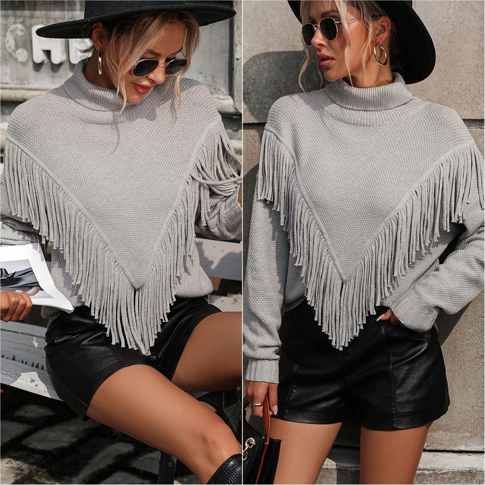 Esme Fringe Turtleneck Sweater - Gray
